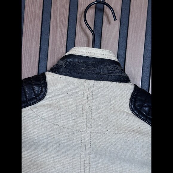 Blank NYC Moto Jacket Small Womens Beige Black Leather Linen Blend Biker - Picture 7 of 11